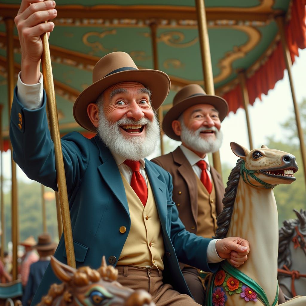 Elderly Men on Whimsical Carousel in Fairytale Style
