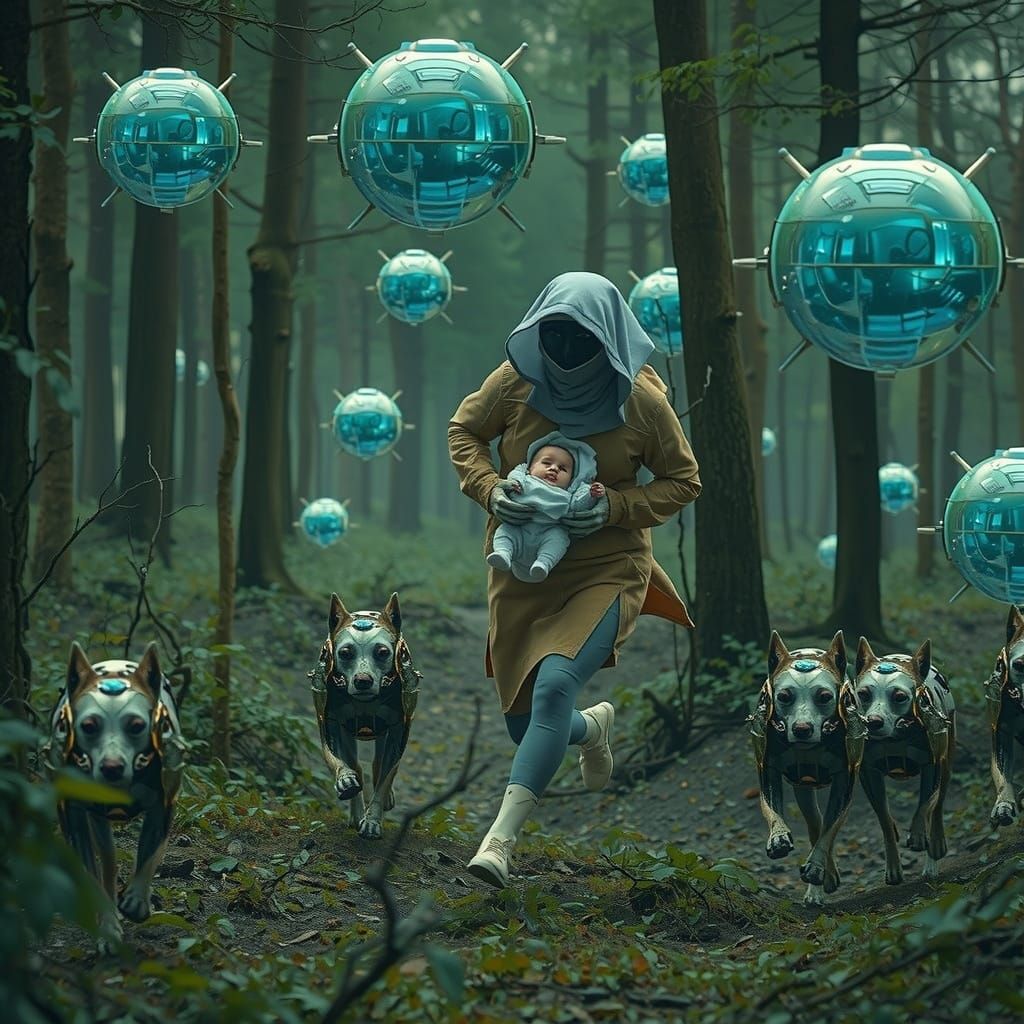 Android Nursemaid Chase Scene in Photorealistic Style