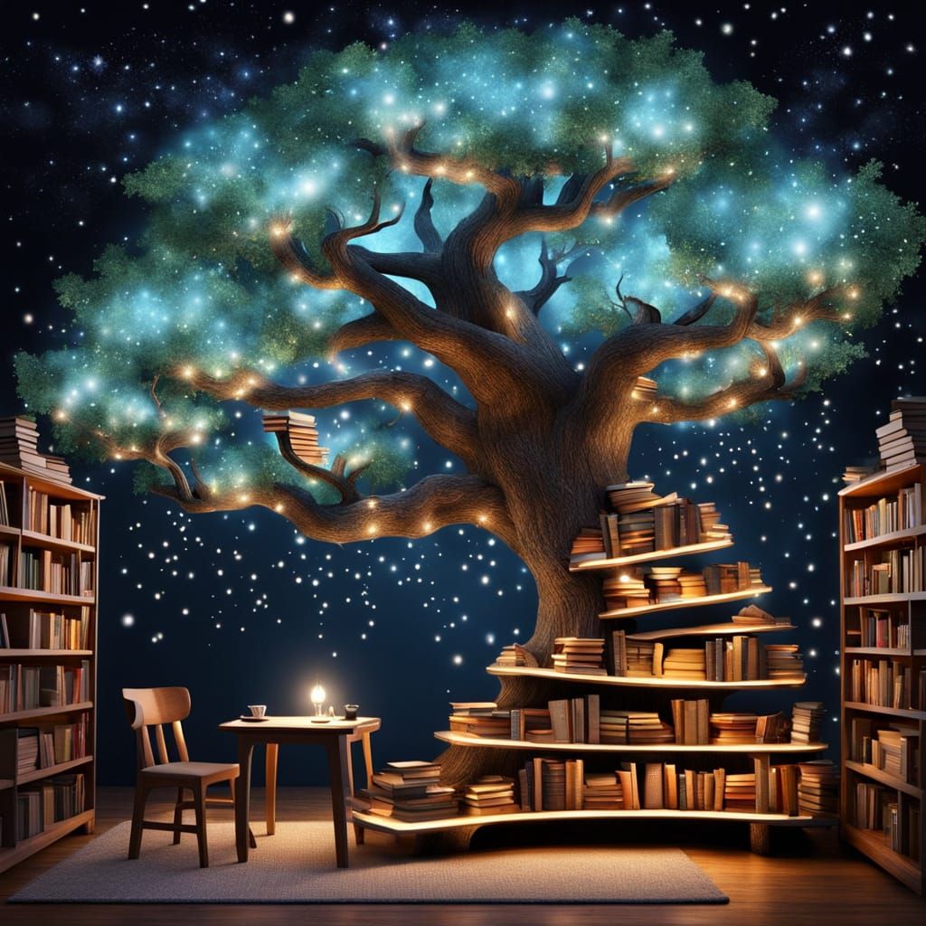 Dreamy World Tree of Learning with Glowing Books