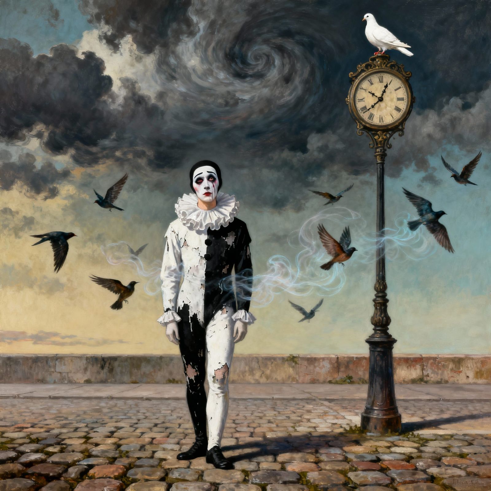 Surreal Mime with Dove and Clock in Moody Sky