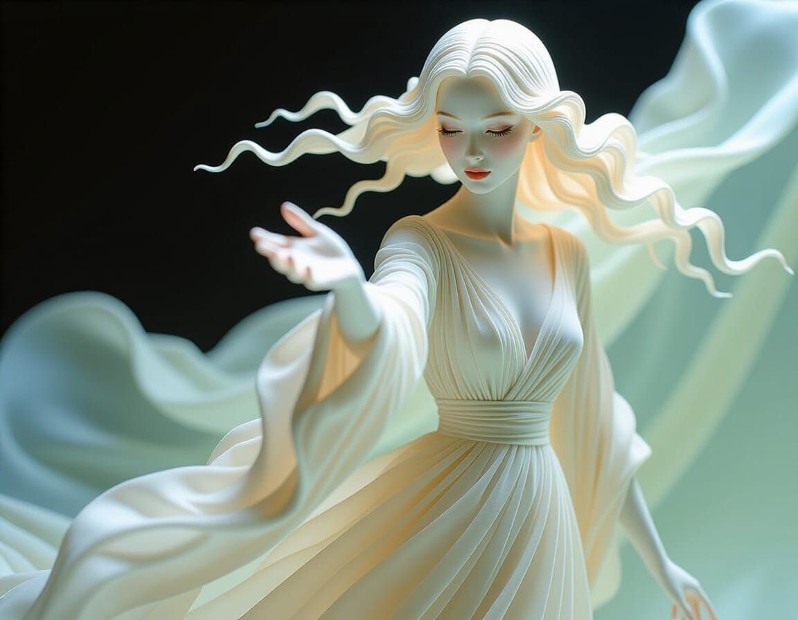 Porcelain Woman in Flowing Dress, High-Resolution Scene