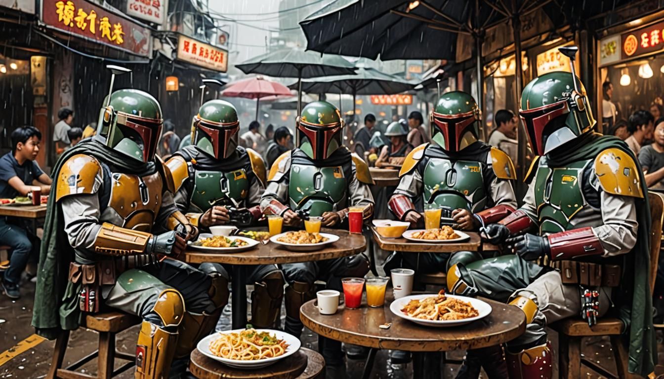 Boba Fett Eats Noodles in Bangkok: Hyperrealistic