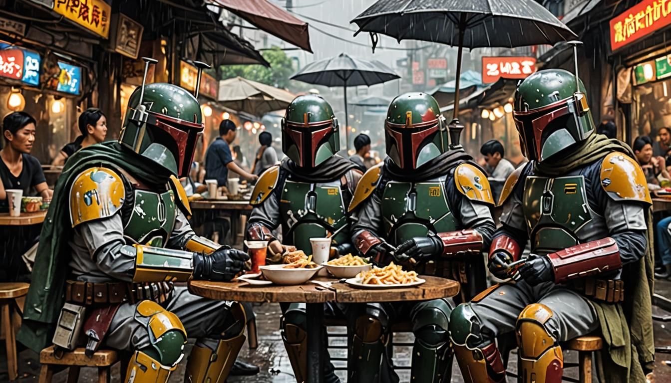 Boba Fett Eats Noodles in Bangkok: Hyperrealistic
