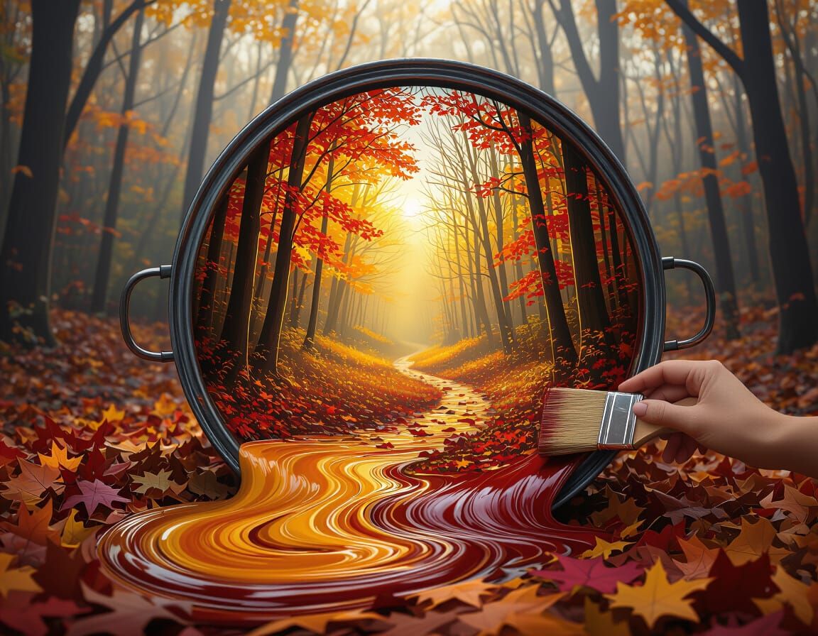Surreal Autumn Landscape Flowing from Paint Can