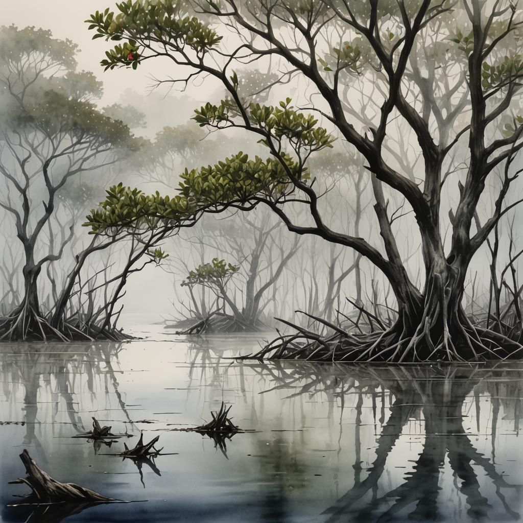 Foggy Mangrove in Watercolor and Ink