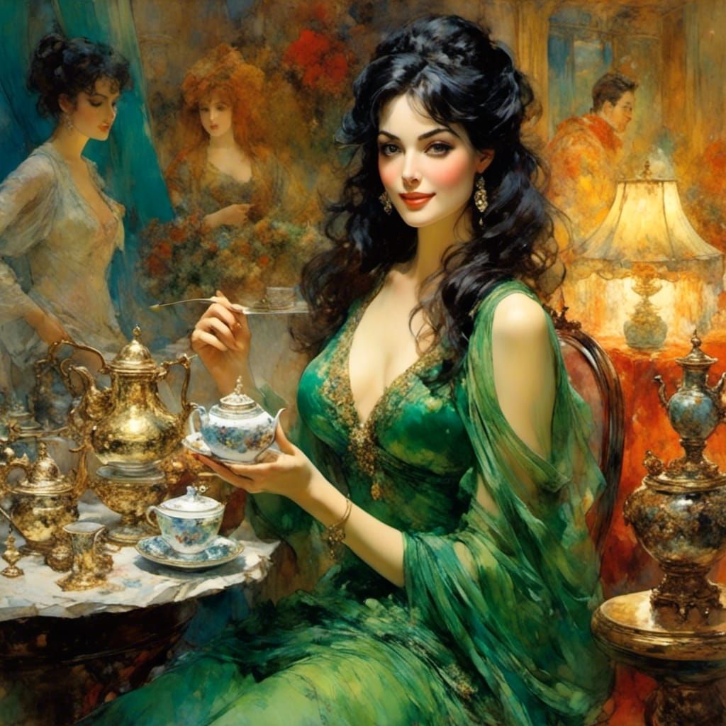 Girl with Twinkling Eyes Having Tea