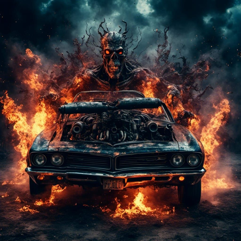 Frankenstein Drives a Muscle Car with Flames