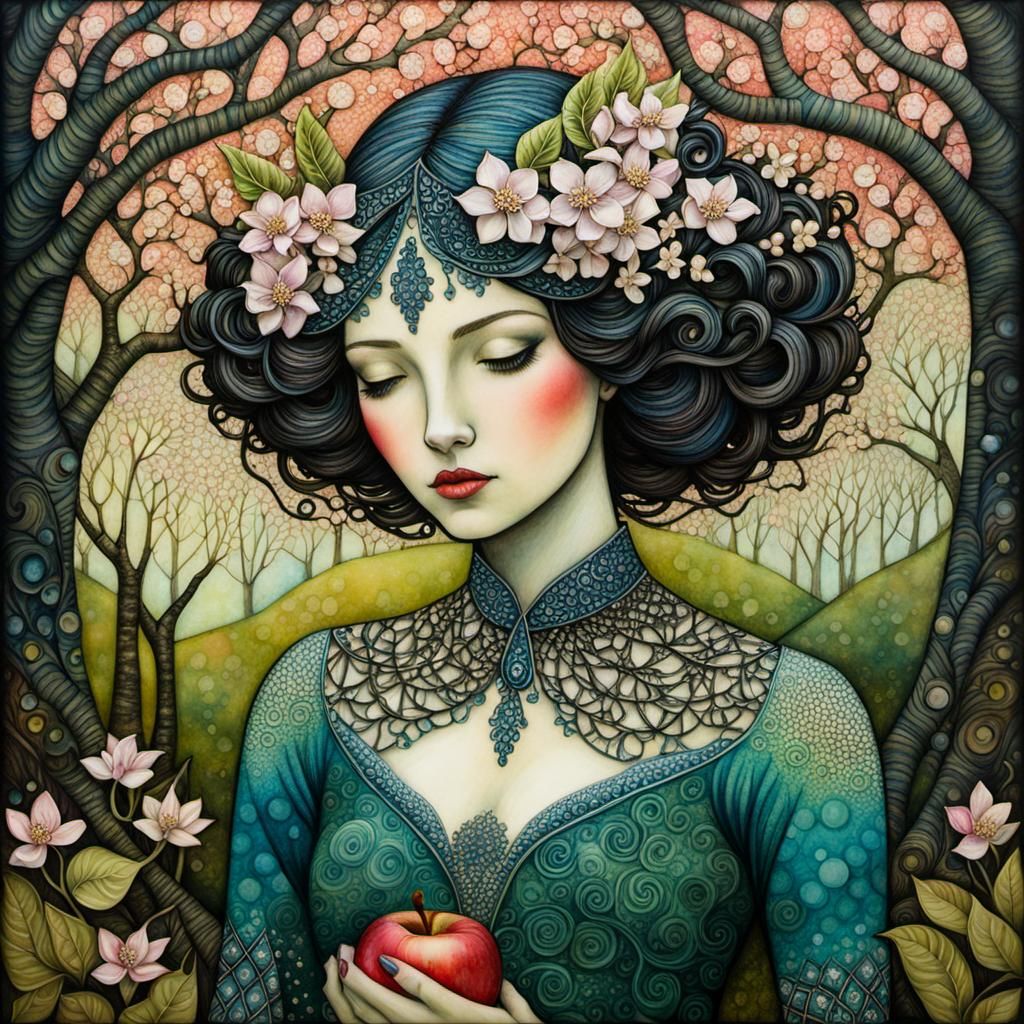 Zentangle Girl with Apple Tree in Encaustic Watercolor