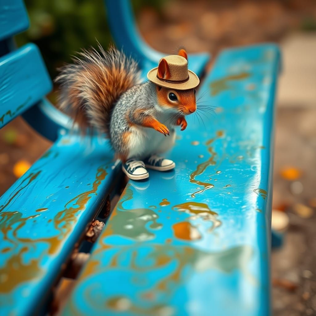 Squirrel in Fedora Leaves Tracks on Blue Bench