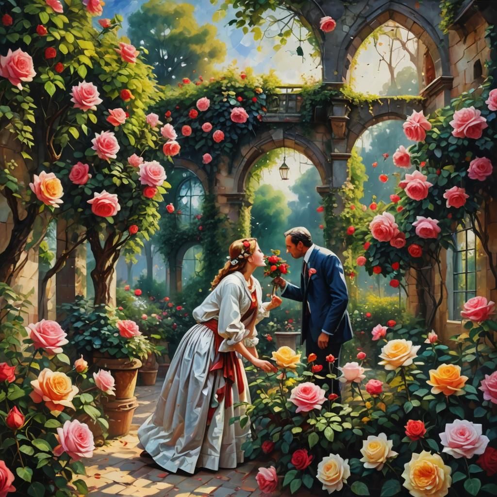 Wonderful space of rose bushes in a garden where a man gives a rose to a woman 8k resolution concept art hyperdetailed i...
