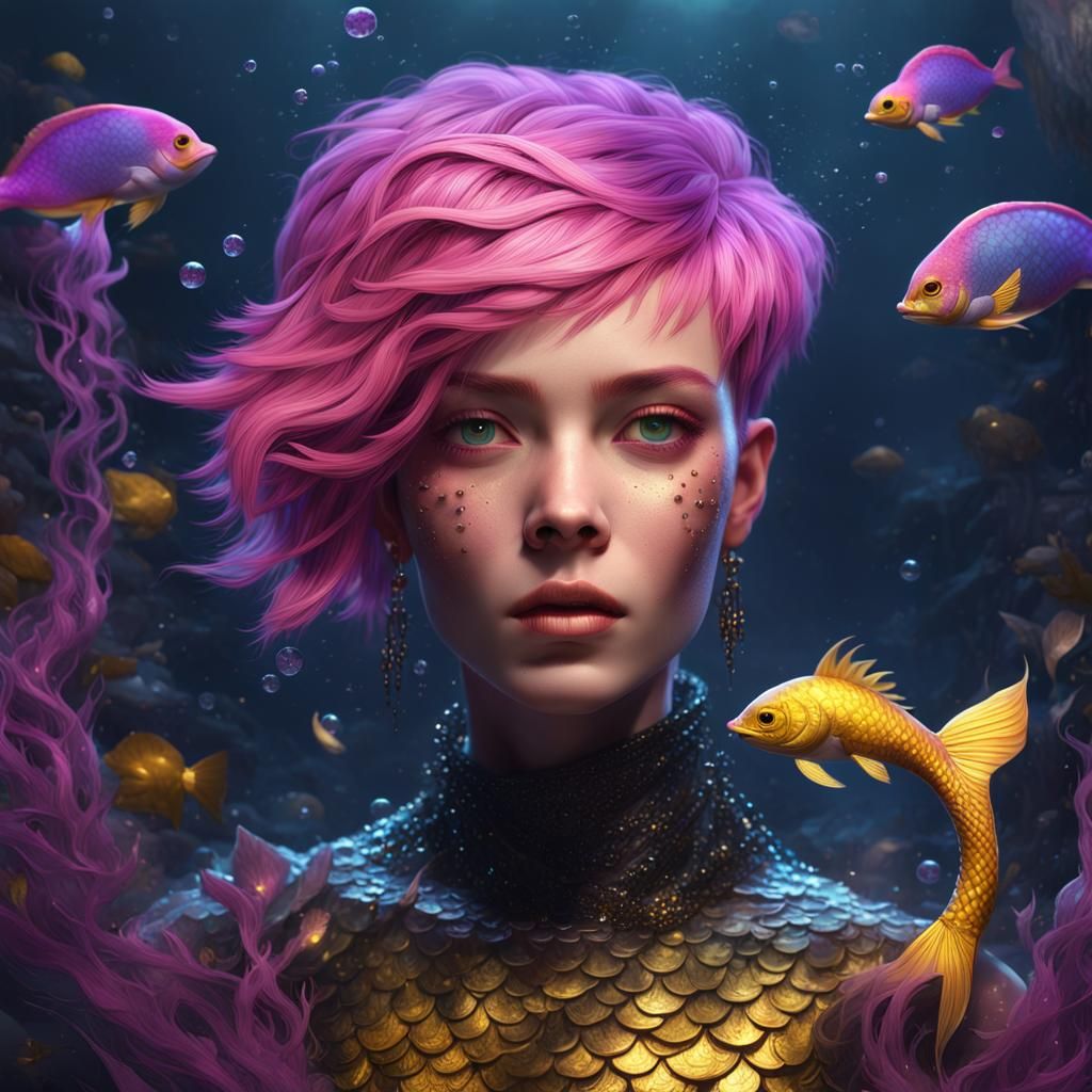 Mermaid with Pink Hair in Dark Fantasy Style