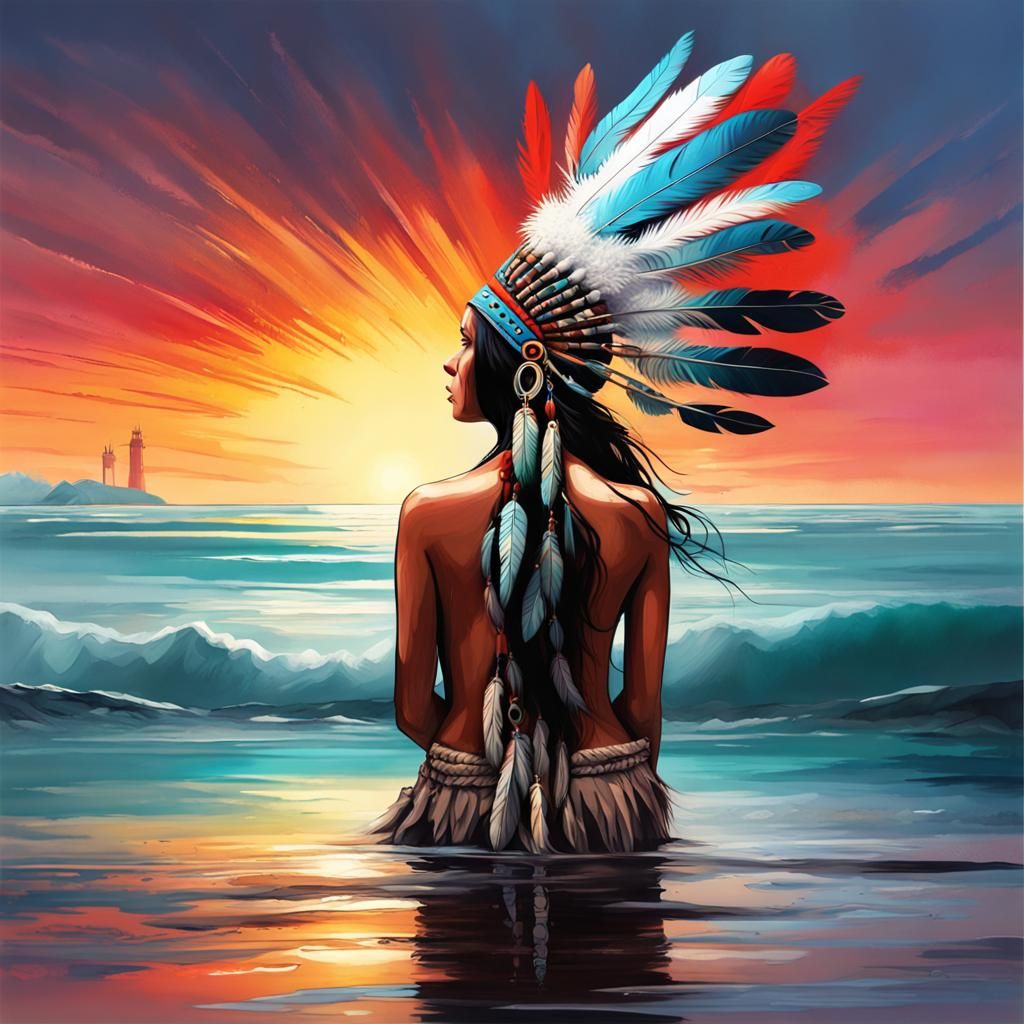 Native American Woman at Sea in Graffiti Art