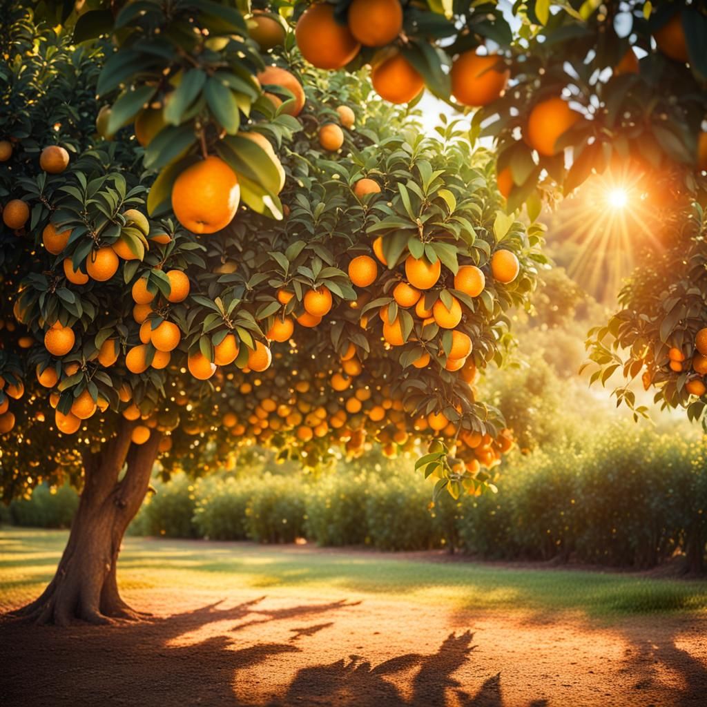 Lush Orange Orchard in Botanical Photography Style