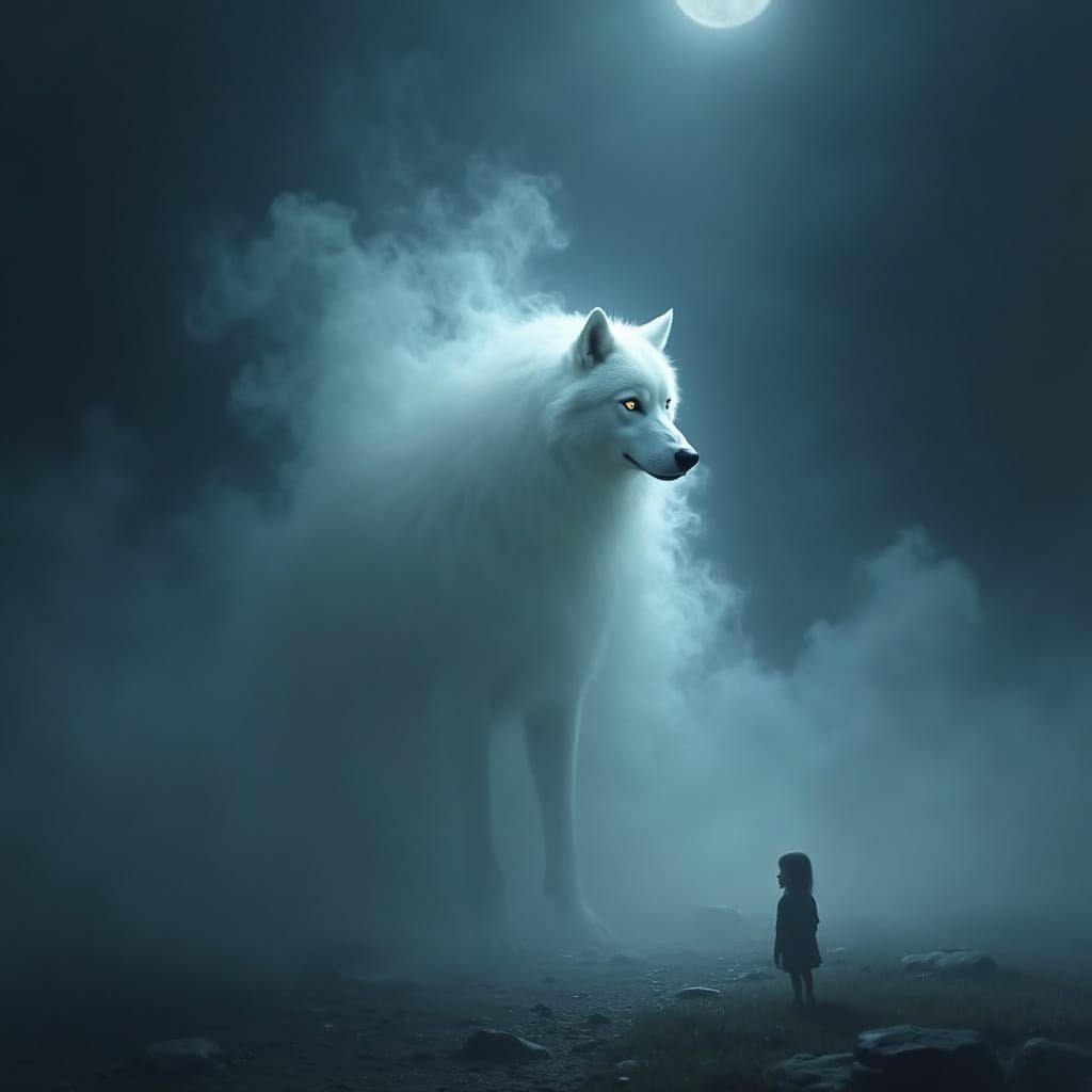 Ethereal White Wolf in Dark Mystical Landscape with Hidden G...