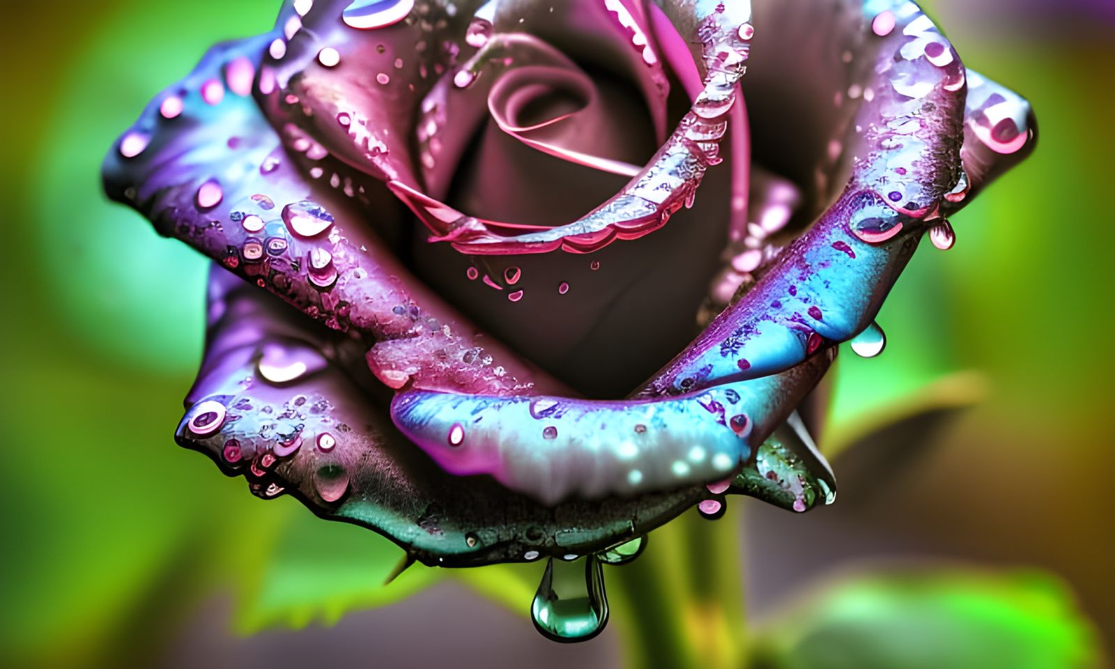 Iridescent Rose with Water Droplets in HDR