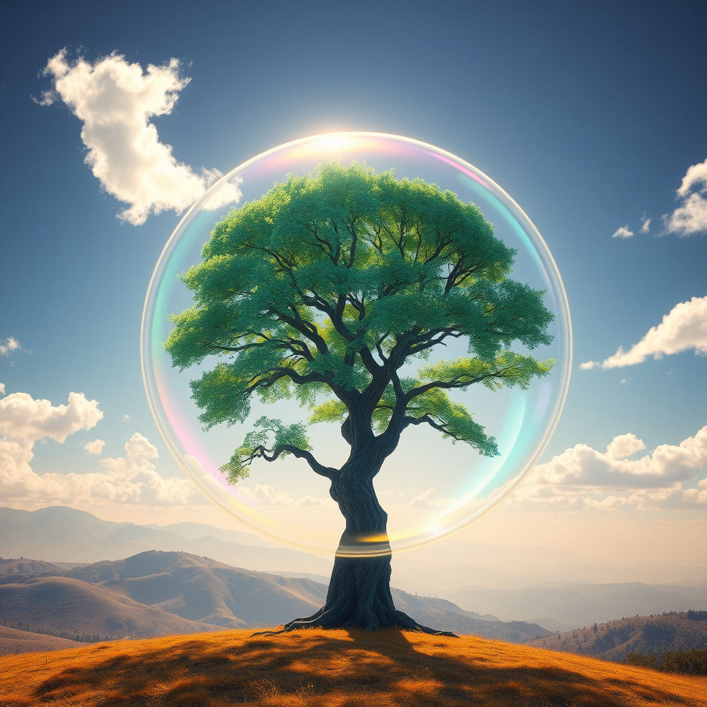 Iridescent Tree in Bubble, Dreamlike Landscape