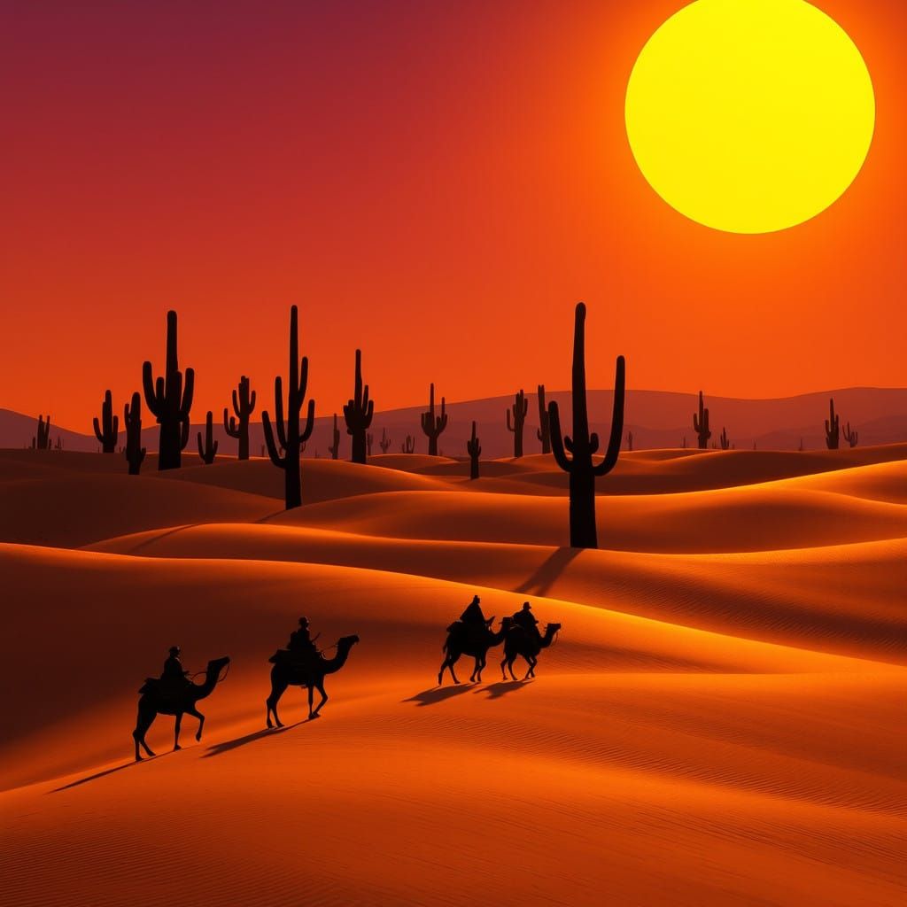 Elegant Desert Twilight in Dramatic, High-Contrast Silhouett...