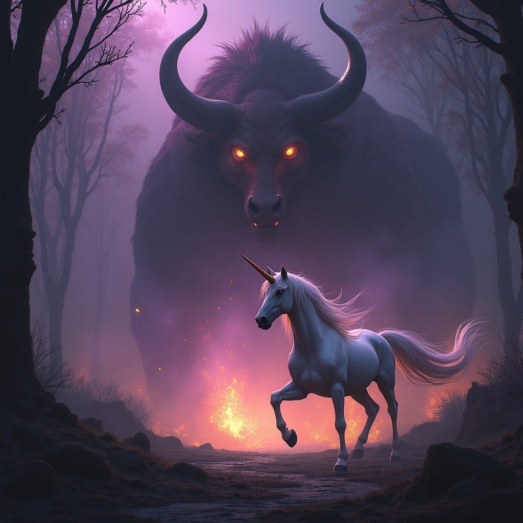 Elegant Dark Fantasy: Last Unicorn Confronts Blazing Red Bul...