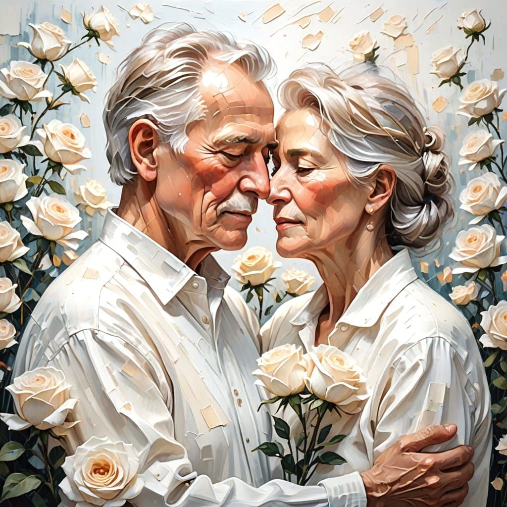 Elderly Couple Embracing in Ethereal Oil Painting