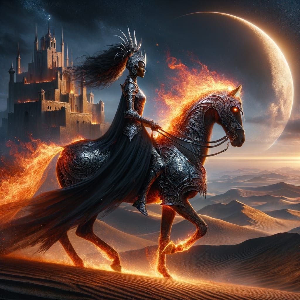 Legendary Female Knight Rides Majestic Fire-Infused Horse Un...