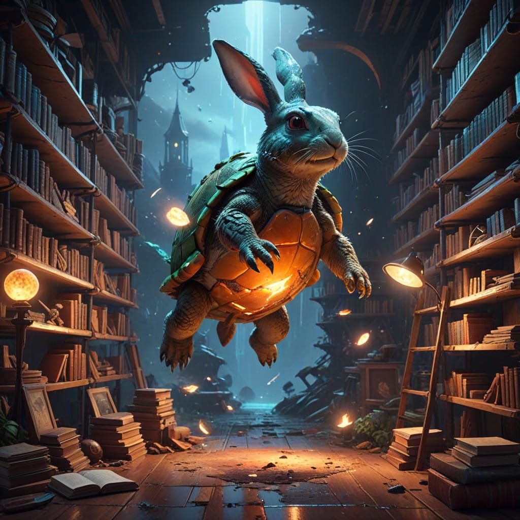 Mystical Rabbit and Turtle in Whimsical Library Scene
