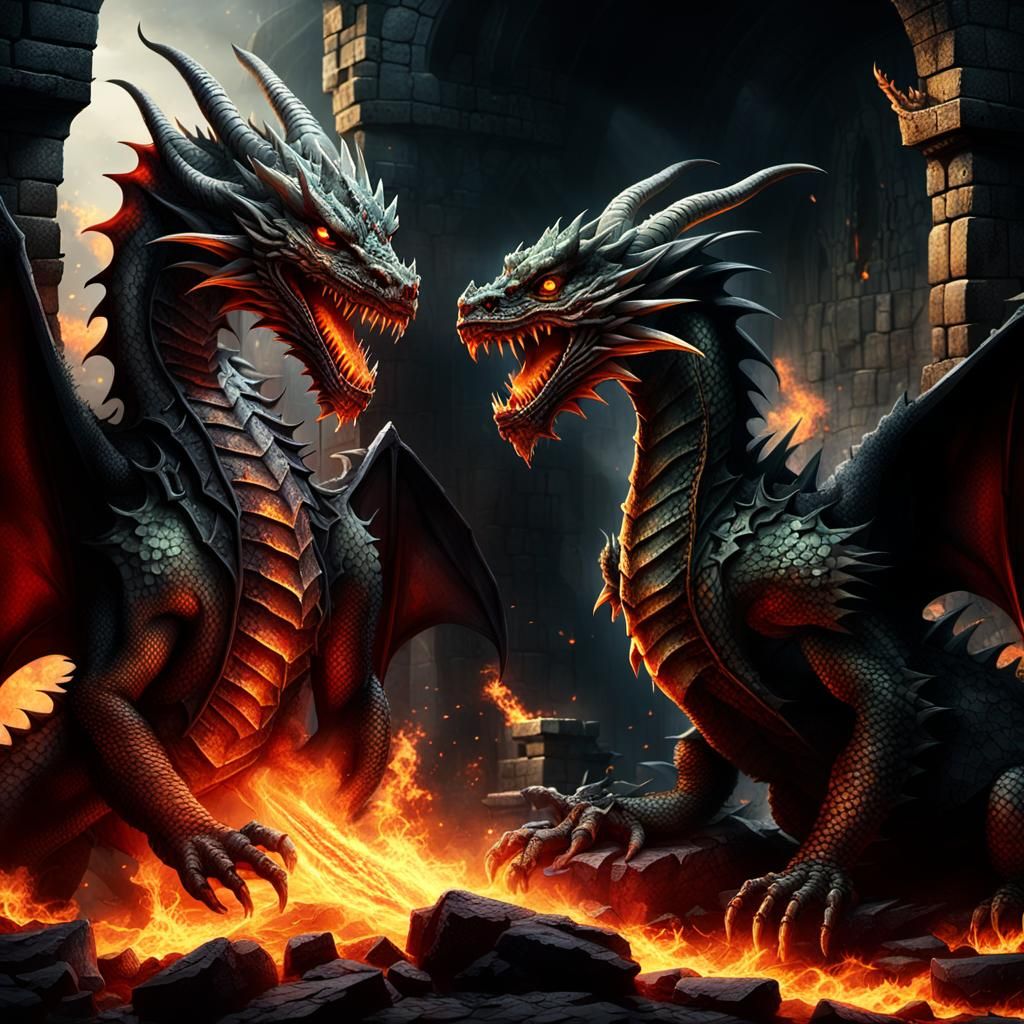 Dragons Clash in Ruined Castle: Dark Fantasy Illustration