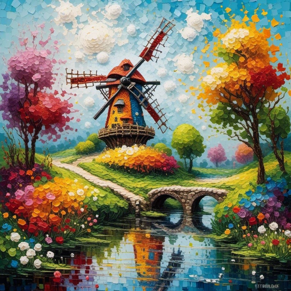 Wooden Windmill as Neo-Impressionist Oil Painting