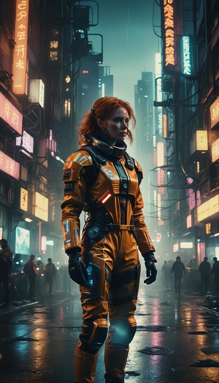 Ginger Woman in Spacesuit, Cyberpunk Film Still