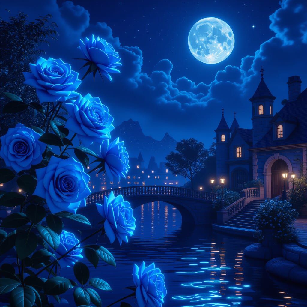 Blue Roses at Night: Fantasy Concept Art