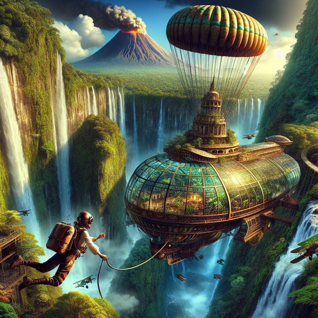 Steampunk Airship Goddess Soars Over Majestic Jungle Chasm