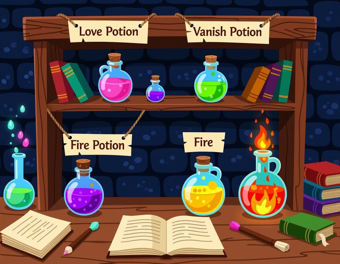 Wizard's Lab Shelf with Love, Vanish, and Fire Potions