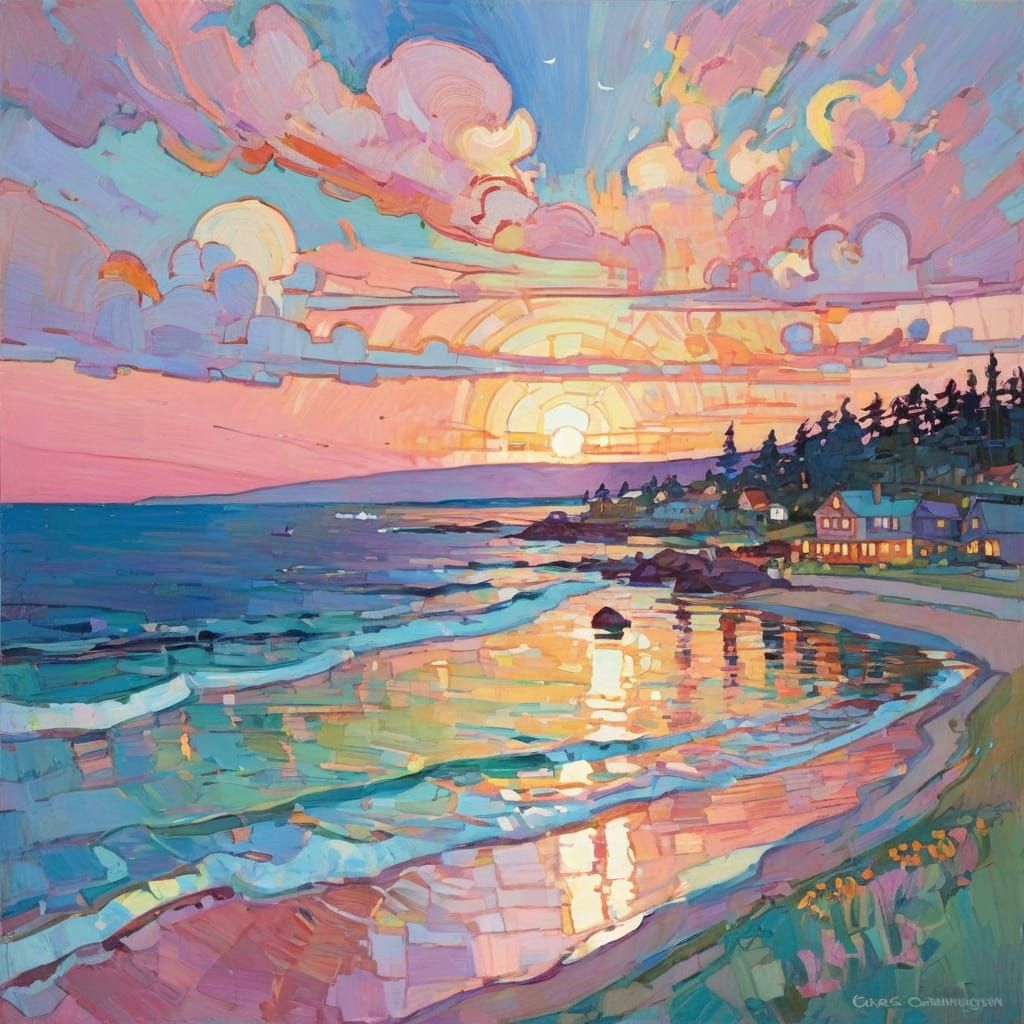 Pink Sunset Beach Scene in Impressionistic Style