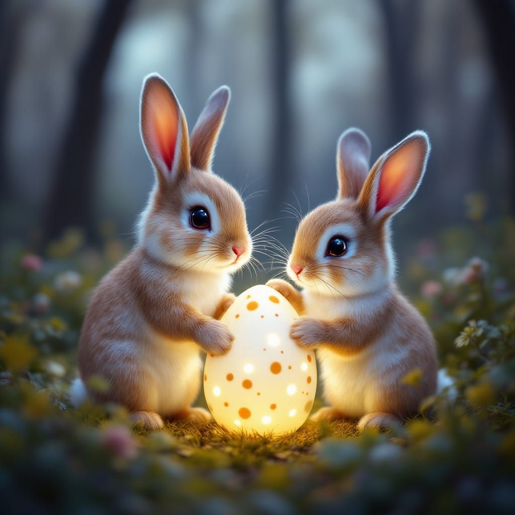 Cute Bunnies Hold Glowing Egg in Enchanted Forest