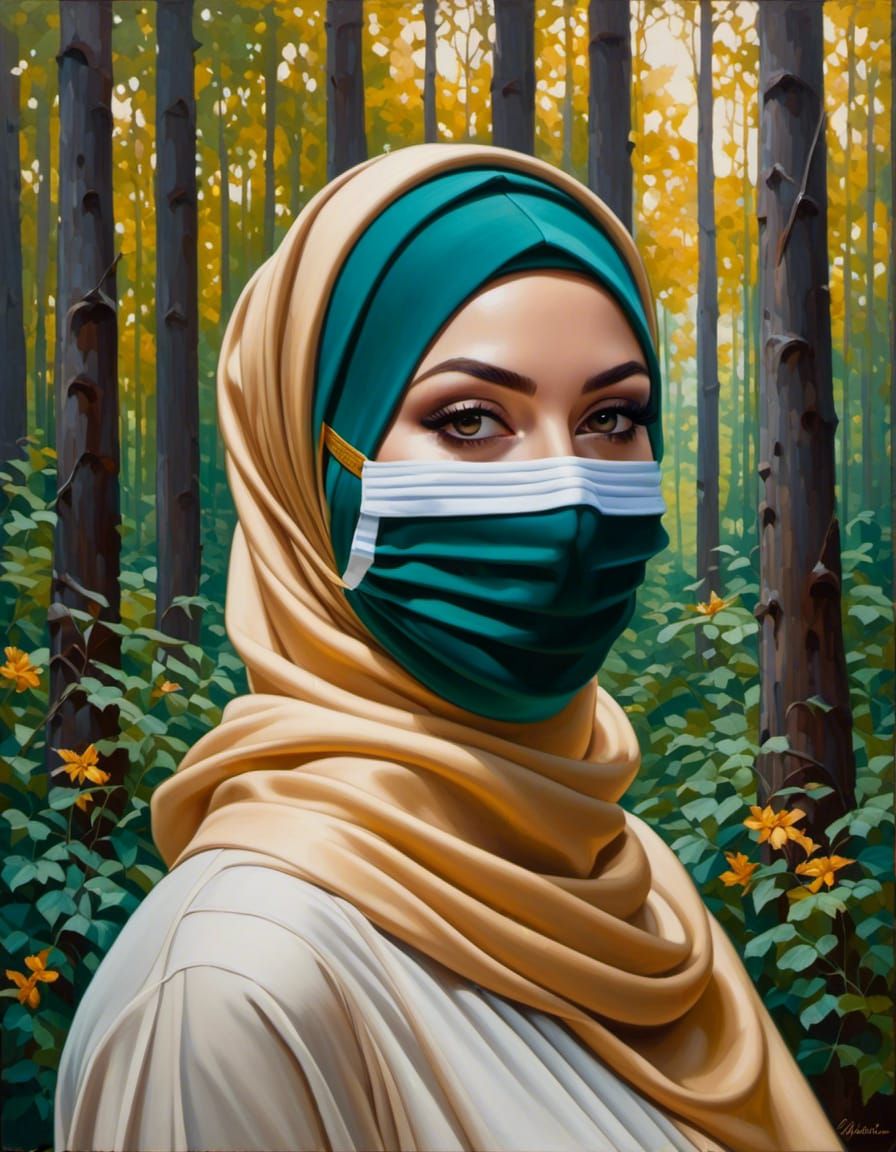Woman in Hijab and Mask in Lush Forest Painting