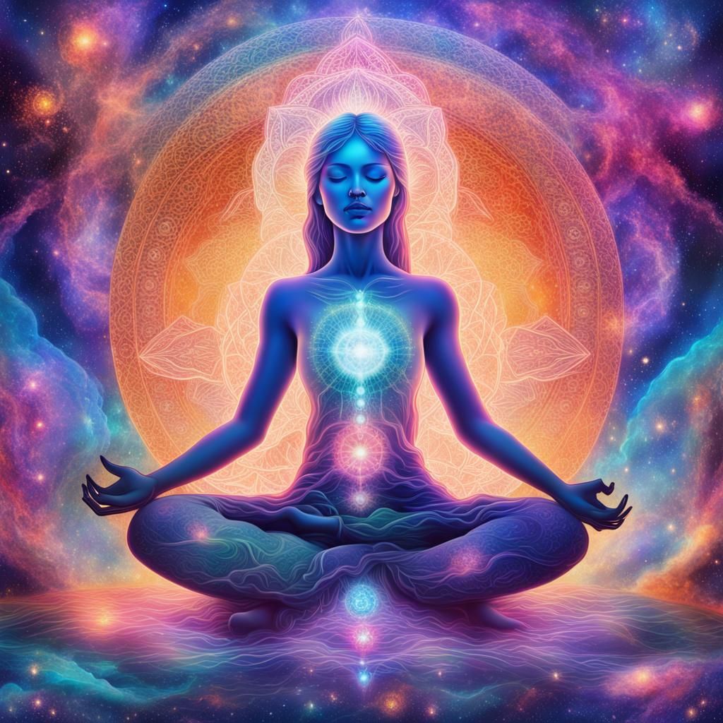 Meditative Woman in Holographic Cosmic Art Style