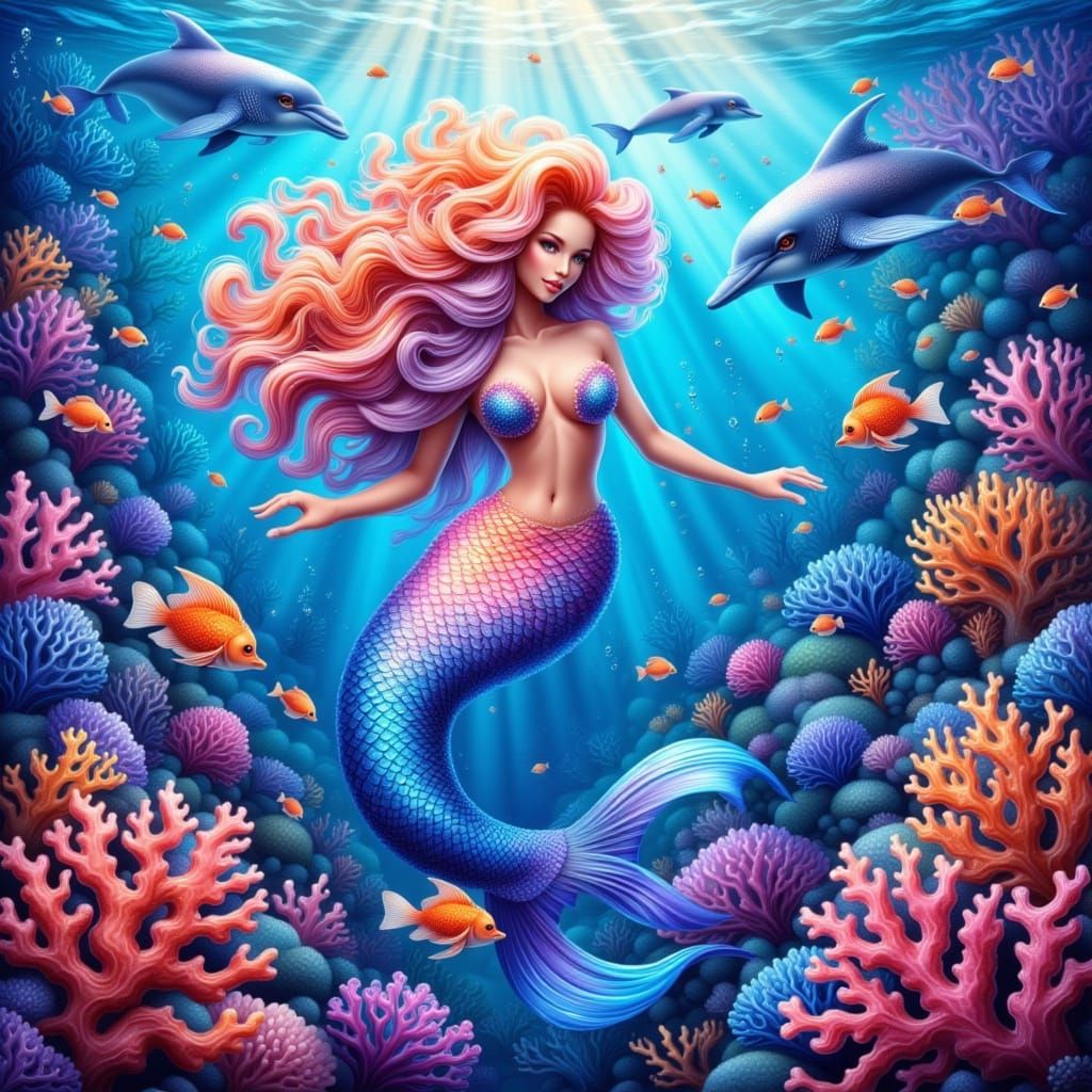 Ethereal Mermaid in Vibrant Coral Reef Scene