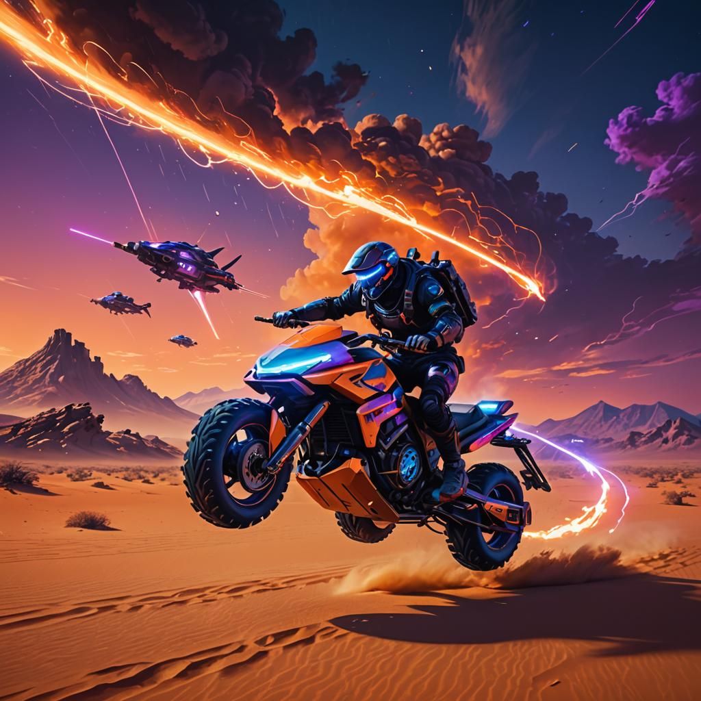 Cyberpunk Desert Chase Scene with Neon Accents