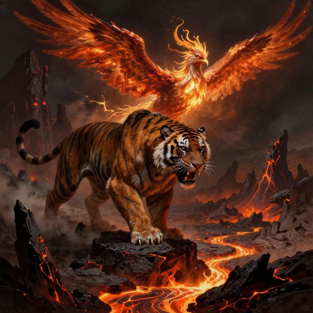 Sabertooth Tiger Battles Phoenix in Volcanic Dark Fantasy