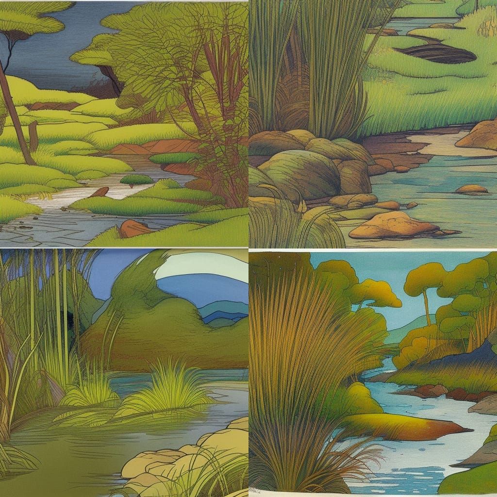 Rocky Stream by Riverbank in Gouache Style