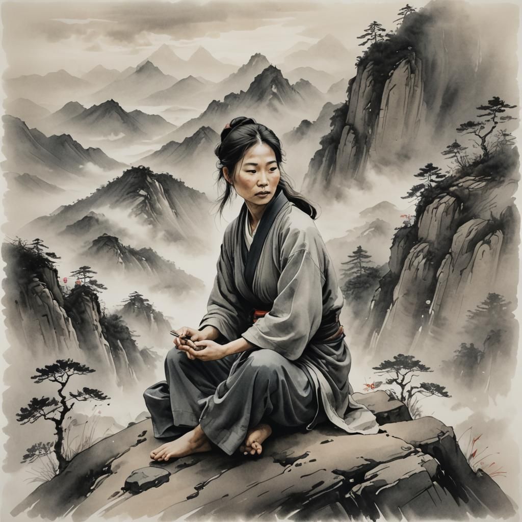 Serene Woman Meditates on Misty Peak in Ink Wash