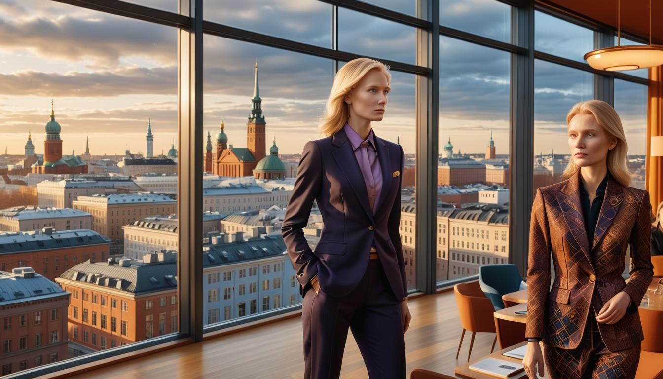 Photorealistic Blonde in Suit with Team, Helsinki