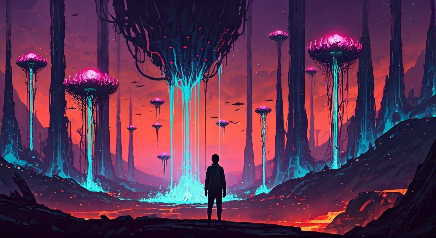 Surreal Alien Landscape with Explorer in Chaotic Composition