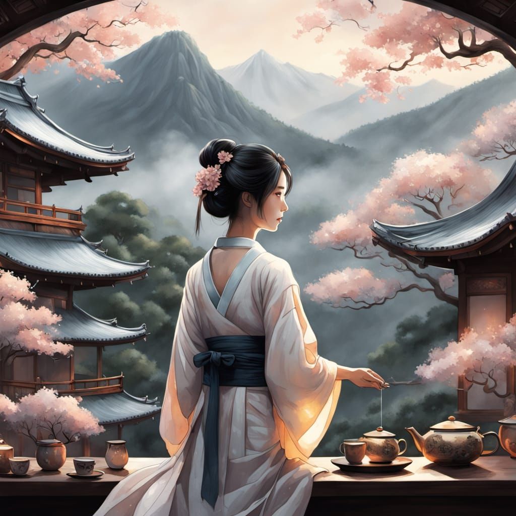 Ethereal Geishas Perform Tea Ceremony as Watercolor