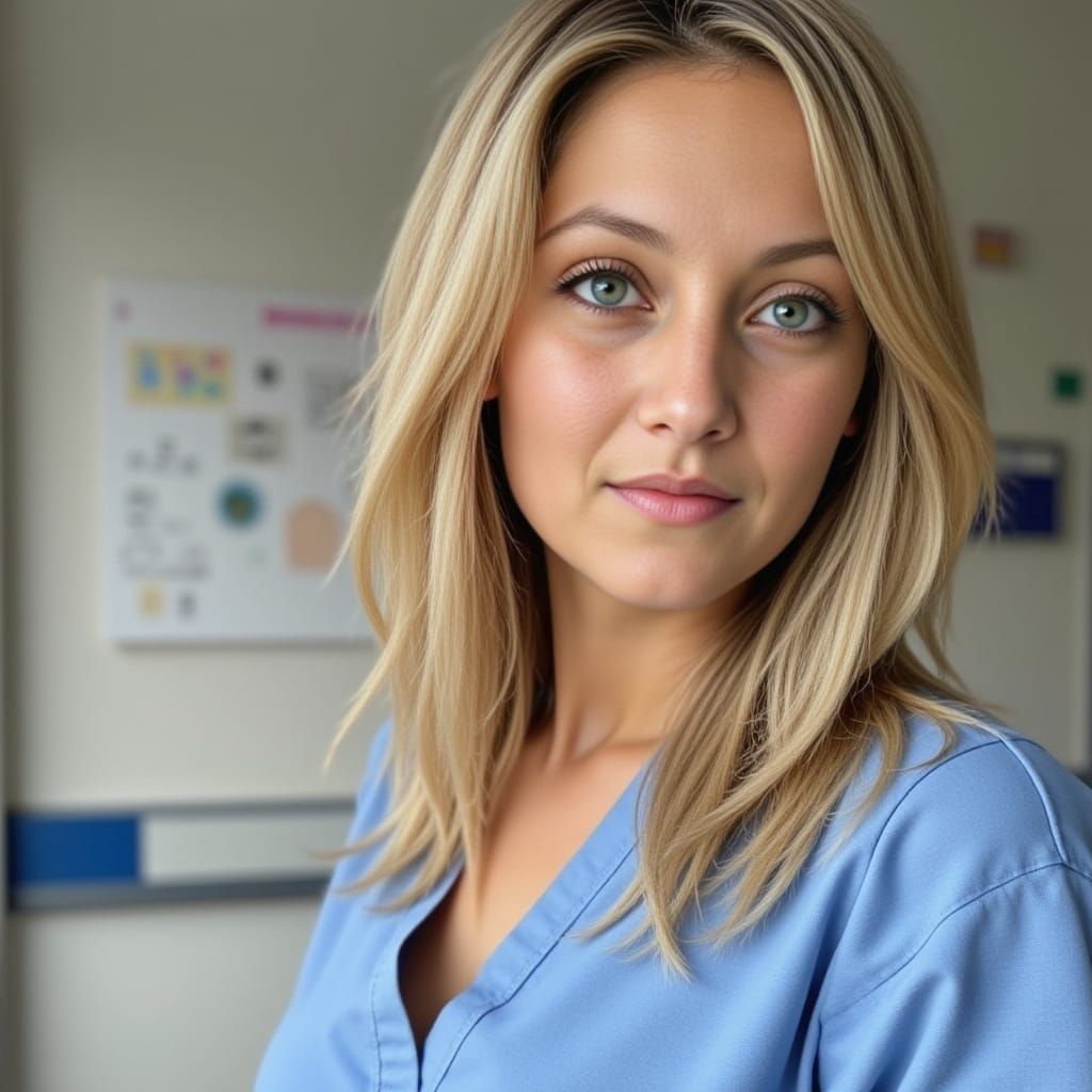 Young Blond Woman in Hospital Attire Holds Artistic Sketches