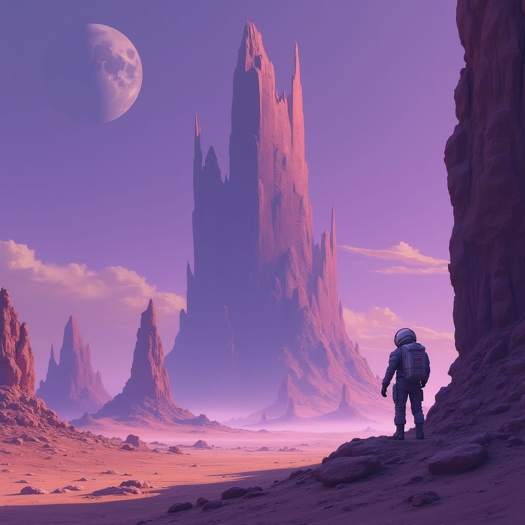 Astronaut on Alien Planet Gazing at Crystal Structure