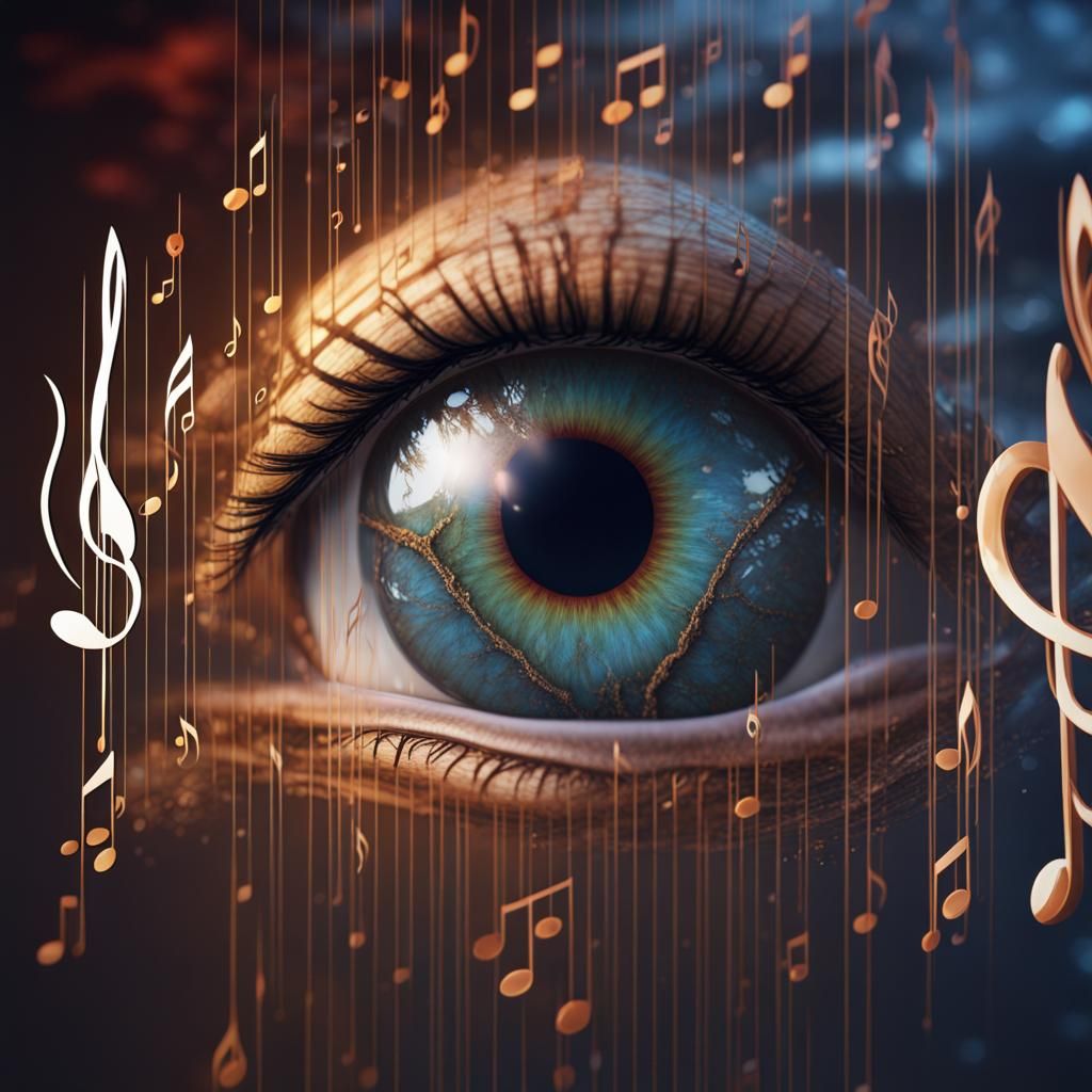 Eye reflection, music notes