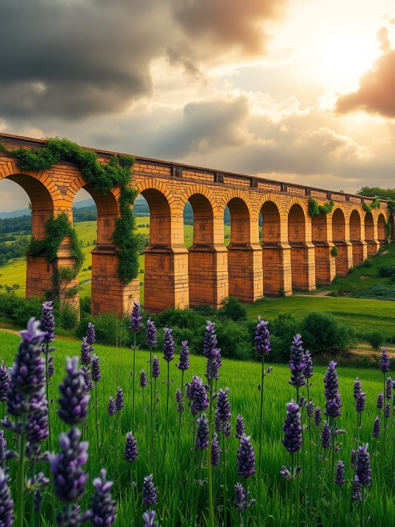Ethereal Stone Aqueduct Amidst Lush Fields and Lavender