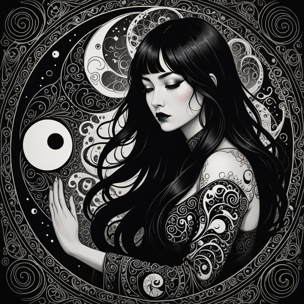 Ethereal Gothic Woman in Yin Yang Abstract Psychedelia