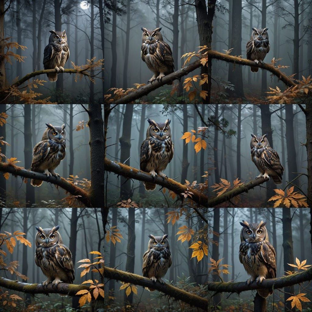 Large Owl in Foggy Autumn Forest at Night