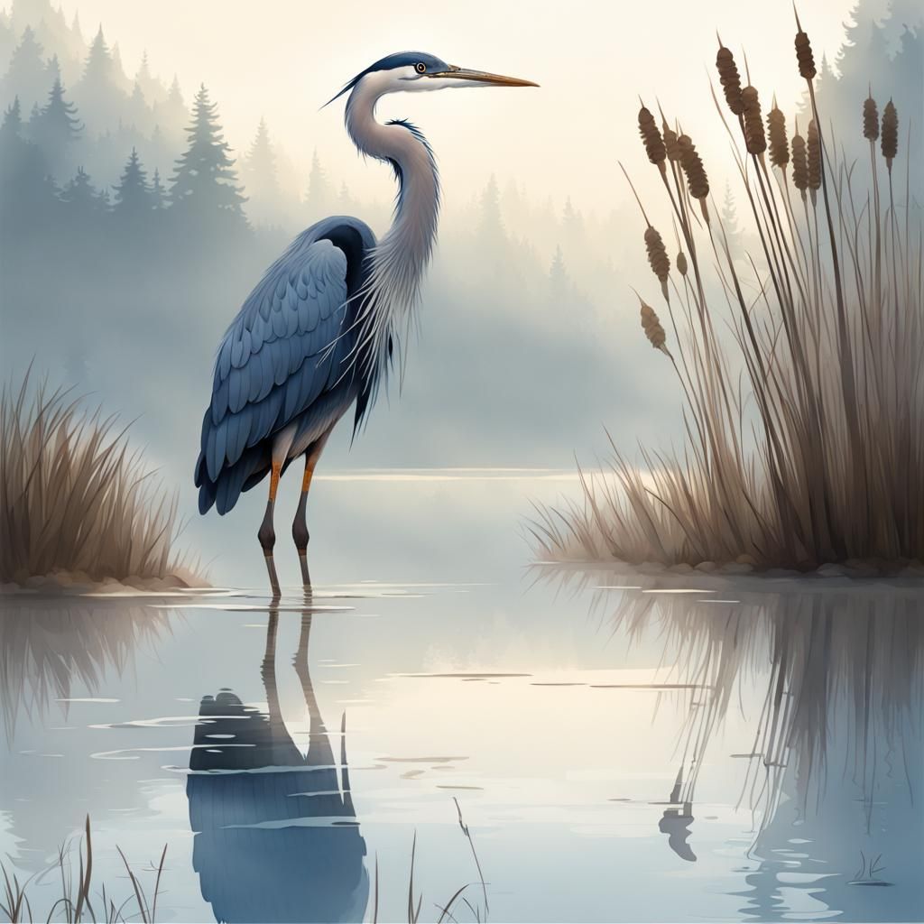 Blue Heron Reflection in Misty Mountain Lake